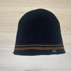 TRUFIT Hat Beanie Fitted Mens One Size Black Brown Stripe Knit Acrylic